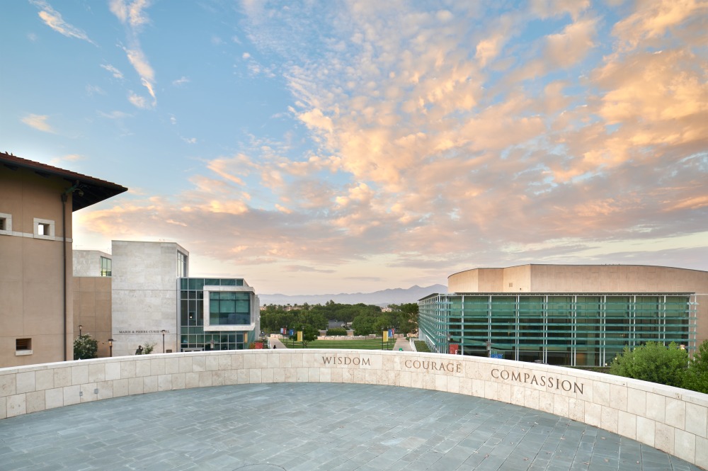 Wisdom, Courage, and Compassion are engraved into the stones of the overlook on SUA's campus