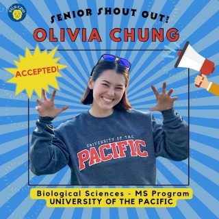 Senior Shout Out! OLIVIA CHUNG is heading to University of the Pacific for a Masters in Biological Sciences…on a full ride! 👏 Congratulations Olivia! 🎓#senior2024 #sokauniversity #sokacareerdevelopment