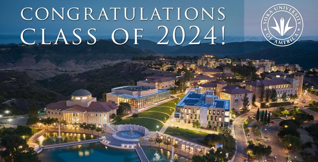 "Congratulations Class of 2024" overlayed on an aerial shot of SUA's campus at night
