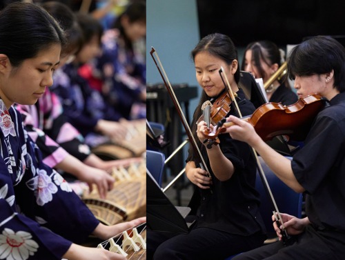 Composite image of members of student orchestra clubs VLPO and Koto Club performing during the symposium