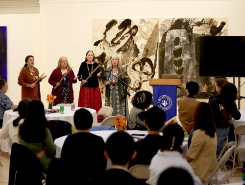 Members of the SUA community listen to presenters during the 2023 Thankstaking event held in Founders Gallery