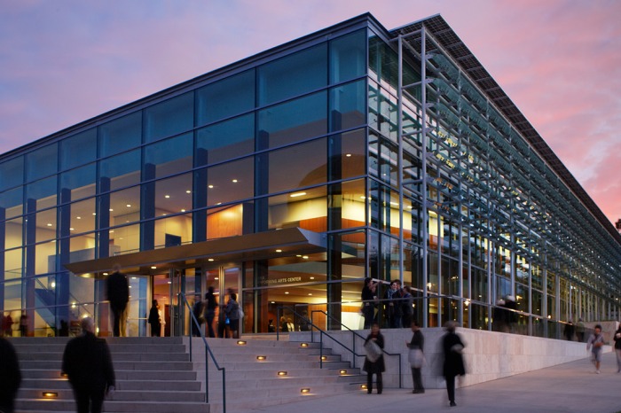 Exterior of Soka Performing Arts Center at night