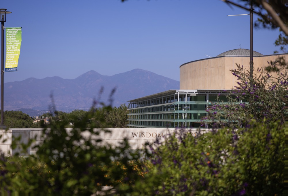 A hometown banner and the word "Wisdom" is seen through flowers on the overlook on campus with the PAC and mountains in the background.