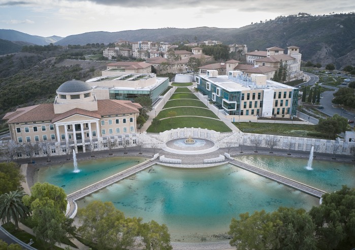 Aerial view of Soka's campus during dusk
