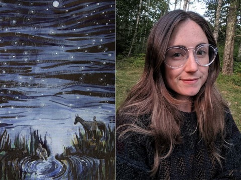 painting of a starry night and portrait of Nina Boutin