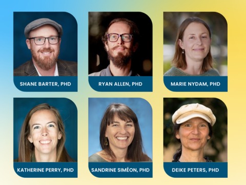 Composite image of the 6 featured professors, Shane Barter, Ryan Allen, Marie Nydam, Katherine Perry, Sandrine Siméon, and Deike Peters
