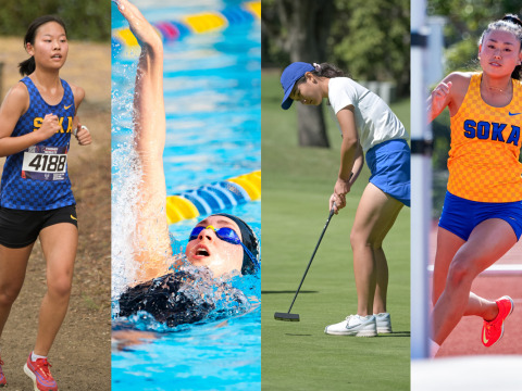 Composite image of a female cross country runner racing along a dirt trail, a swimmer doing backstroke, a female golfer putting, and a female track athlete mid-stride..