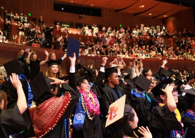 SUA graduates raise their arms in celebration during the 2024 Commencement Ceremony